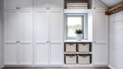 Aufkleber - A simple laundry room with white cabinetry and open shelving. Natural light filters in through a small window illuminating a few neatly arranged baskets and a pair of potted herbs.