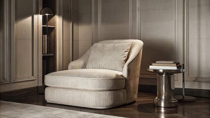 Poster - A cozy reading nook equipped with a low armchair upholstered in soft beige alongside a metallic side table holding a stack of books while a slender polished steel floor lamp stands