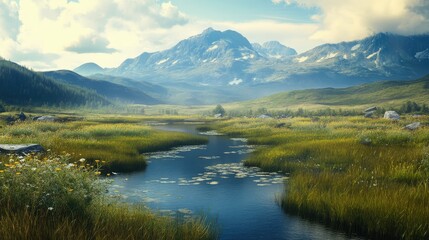 Poster - Serene valley landscape with mountains and a tranquil river surrounded by lush greenery and wildflowers in bright sunlight
