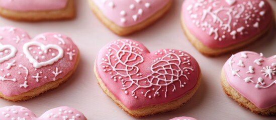 Poster - Handmade pink heart shaped cookies with intricate designs arranged on a soft light background perfect for celebrations and desserts.