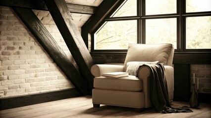 Aufkleber - A relaxed reading nook with a comfortable armchair positioned next to a window surrounded by striking exposed brick and dark wooden beams creating a peaceful retreat filled with