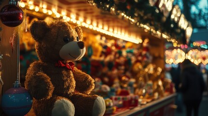 Poster - Festive holiday market with plush teddy bear and colorful Christmas toys beautifully displayed on a warmly lit stall during winter festivities