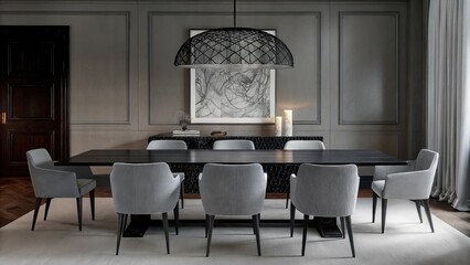 Aufkleber - A dramatic dining area with a long rectangular black table surrounded by upholstered chairs in varying shades of grey and a monochrome abstract painting hanging above all set under
