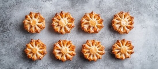 Poster - Festive Christmas mince pies arranged on a gray backdrop showcasing their golden crust and intricate design perfect for holiday gatherings.