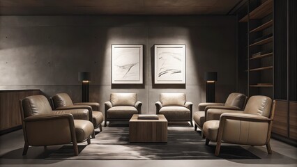 Poster - A relaxed lounge with a blend of leather and fabric armchairs arranged around a low wooden coffee table. The setting includes a concrete feature wall and a large abstract rug that