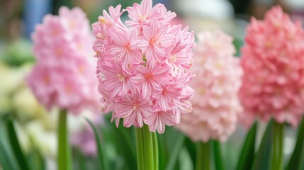 Poster - Pink flowering blooms in focus with blurred background showcasing vibrant garden hues and delicate petals emphasizing spring aesthetics.