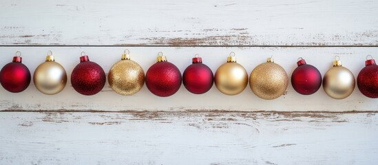 Aufkleber - Christmas border design with red and gold ornaments on rustic white wood ideal for festive greetings and holiday decorations