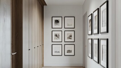 Aufkleber - A gallery wall in the hallway displays a curated selection of blackandwhite photographs and simple line drawings in unadorned frames introducing a modern artistic flair to the