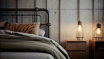 Aufkleber - A tranquil bedroom with a handforged metal bed frame layered soft bedding in earthy tones and wooden bedside tables showcasing bespoke lamps that give a warm glow to the industrial