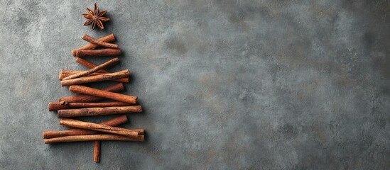 Poster - Cinnamon stick Christmas tree on gray concrete background with ample copy space for holiday-themed design and decoration ideas