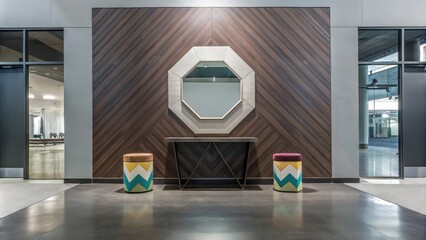 Poster - A spacious entryway is accented by a console table with a layered geometric design and a mirror shaped like an octagon. Colorful geometric stools provide seating against a backdrop