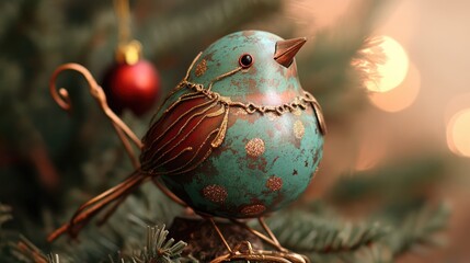 Aufkleber - Vintage Christmas ornament bird decoration in festive setting with warm bokeh background and decorative elements on a green tree.