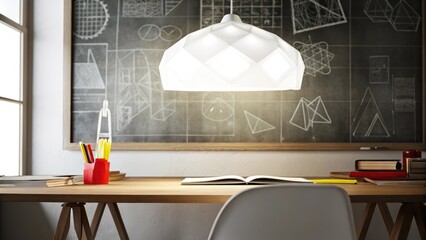 Aufkleber - The home office is a minimalist haven with a desk featuring a triangular top and a backdrop of a large chalkboard wall filled with handdrawn geometric designs. A bright faceted