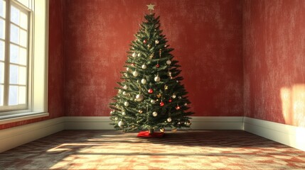 Poster - Festive Christmas tree adorned with ornaments in a cozy room with warm red walls and sunlight streaming through the window