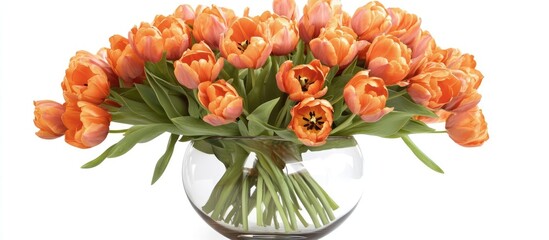 Poster - Stunning close-up of vibrant orange tulips beautifully arranged in a glass vase isolated on a white background for floral decoration.