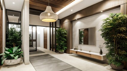 Poster - The entryway features an impressive doubleheight ceiling highlighted by an oversized sculptural pendant light hanging above a sleek bench and a minimalist console table adorned