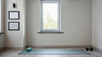 Poster - A multipurpose space with a minimalist workout area featuring a yoga mat and a few fitness tools. The walls are adorned with inspirational quotes and the wood plank flooring