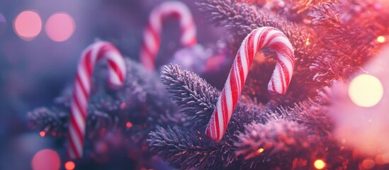 Aufkleber - Colorful candy canes hanging on a Christmas tree with soft bokeh lights creating a festive and cheerful holiday atmosphere.