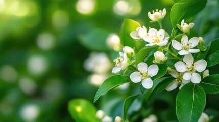 Aufkleber - Delicate white flowers in selective focus with blurred green foliage creating an ethereal floral background for design and copy space.
