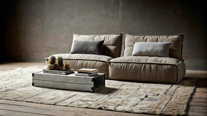 Poster - A relaxed lounge area with a lowprofile sectional sofa covered in worn fabric surrounded by floor cushions and a large vintage rug. An industrialstyle coffee table sits in the