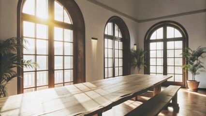 Aufkleber - An elegant dining room with a long rustic wooden table illuminated by sunlight streaming through wide arching windows creating a bright atmosphere that pairs perfectly with potted