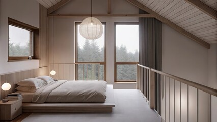 Poster - A tranquil bedroom on the mezzanine level featuring a low platform bed with a neutral duvet a minimalist nightstand with a single lamp and a delicate hanging light fixture. The