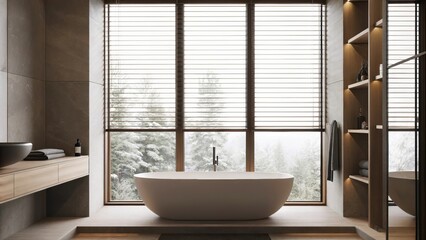 Poster - A contemporary bathroom with large frosted windows that offer privacy while still allowing natural light to filter in illuminating a freestanding tub and elegant fixtures against a