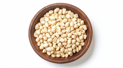 Poster - Wooden bowl filled with shelled peanuts against a clean white background showcasing healthy snacking options and natural ingredients