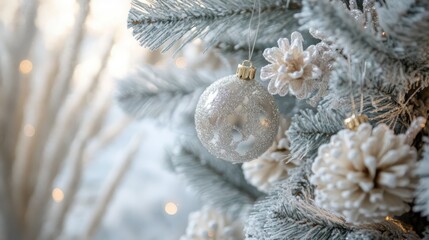Poster - Elegant Christmas tree adorned with shimmering ornaments and frosted pinecones creating a festive winter atmosphere.