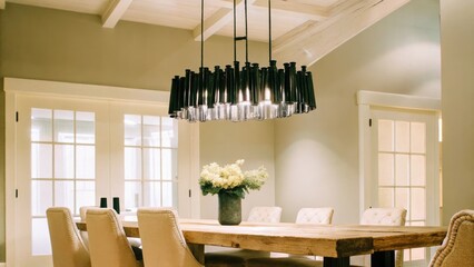 Poster - A dining area with a rustic wooden table surrounded by mismatched chairs complemented by a statement chandelier made from repurposed materials. Fresh flowers in a vase sit at the
