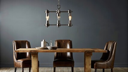 Aufkleber - An intimate dining room showcasing a reclaimed wood table surrounded by leather upholstered chairs set against a backdrop of dark gray walls and an industrial chandelier made from