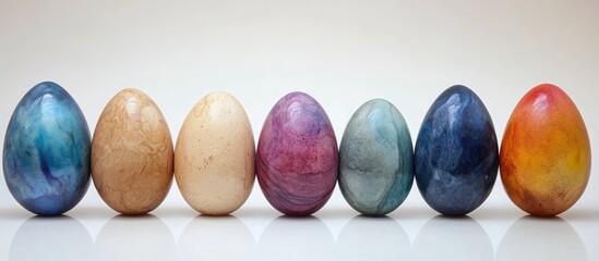 Fototapete - Colorful Easter eggs in pastel shades dyed with natural colors arranged in a row on a reflective surface for festive celebrations