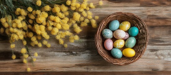 Aufkleber - Colorful Easter eggs in a woven basket with mimosa flowers on rustic wooden table high angle view with ample copy space for text