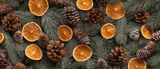 Aufkleber - Handmade Christmas New Year decorations flatlay featuring pine cones dried orange rounds and green branches for festive celebrations