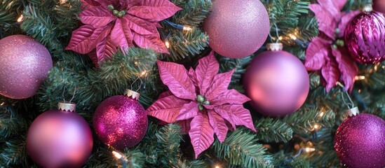 Aufkleber - Decorative Christmas tree adorned with pink ornaments and festive poinsettias creating a vibrant holiday atmosphere ideal for celebrations