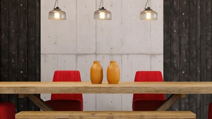 Aufkleber - A minimalist dining room features a long reclaimed wood table set against a backdrop of aged gray concrete walls accented by warm terracotta vases on the table and soft ambient