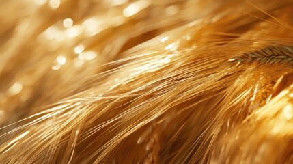 Poster - Golden wheat close-up showcasing intricate textures and shimmering grains in natural sunlight. Ideal for agricultural and food themes.