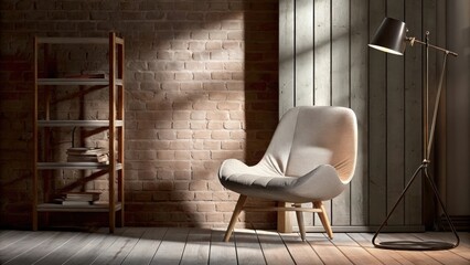 Aufkleber - An intimate reading nook with a plush organic fabric armchair positioned against a wall of reclaimed bricks. A small sustainable wood bookshelf holds an array of books next to a