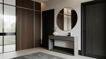 Poster - A stylish entryway with taupe wall panels and a grey console table topped with a simple beige vase. A rounded mirror reflects the soft tones creating an inviting atmosphere.
