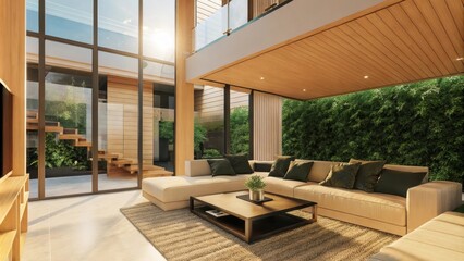 Poster - An airy living room with a large sectional couch facing a sleek coffee table complemented by a textured area rug and large windows allowing natural light to flood the space.