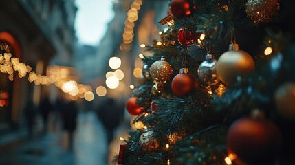 Poster - Close up of a beautifully decorated Christmas tree with ornaments and lights in a festive street setting with a blurred background