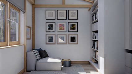 Aufkleber - An artistic corner featuring a small gallery wall of unique prints surrounded by a serene seating area with a lightweight sofa where the minimalist decor and abundant daylight