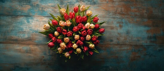 Aufkleber - Colorful bouquet of tulip flowers arranged on a rustic wooden table with an aerial view and negative space for creative designs.
