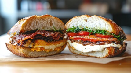 Aufkleber - Delicious close up of two gourmet sandwiches with fresh ingredients and rich textures on a wooden surface