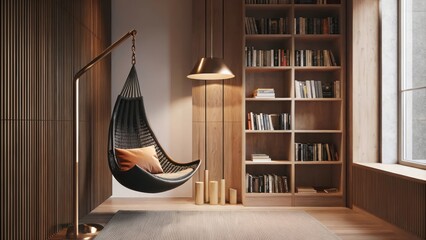 Aufkleber - In a serene reading nook a black hanging chair with brass accents sways gently beside a brass floor lamp. A low black bookshelf filled with books provides an intimate atmosphere