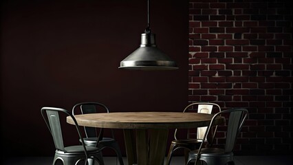 Poster - A compact dining area boasts a round table made from reclaimed wood surrounded by mismatched industrialstyle chairs. A metal light fixture hangs above casting a warm glow over the