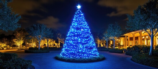 Poster - Festively decorated Christmas tree glowing with blue lights and bells in a beautifully lit outdoor setting at night