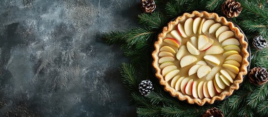Poster - Nutritious apple pie with fresh ingredients on stone backdrop surrounded by evergreen foliage and pine cones for festive baking inspiration