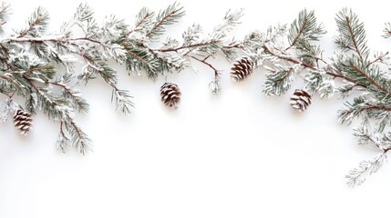Poster - Snowy pine branches and cones elegantly framing a blank white background for festive holiday designs and seasonal decorations.
