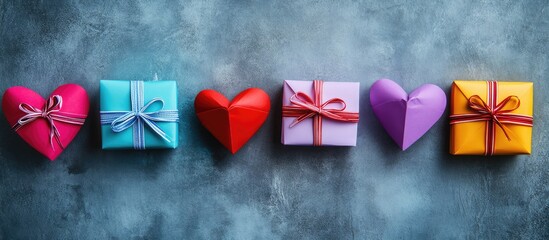 Poster - Colorful paper hearts and gift boxes with bows arranged on a textured background perfect for celebrations and romantic occasions